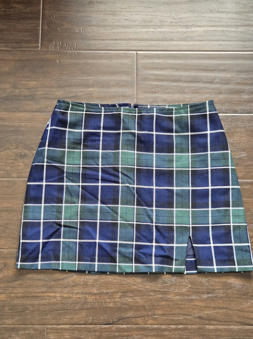 F21 New W/O Tag Never Worn Navy & Green Plaid Windowpane Mini Skirt Sz L
